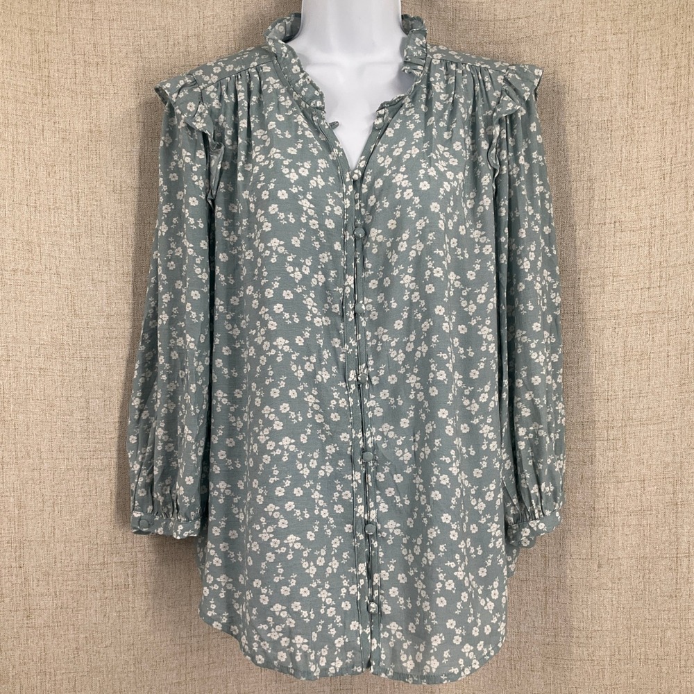 LC Lauren Conrad Blouse Women XXL Blue‎ Floral Ruffle Boho Button Up Top